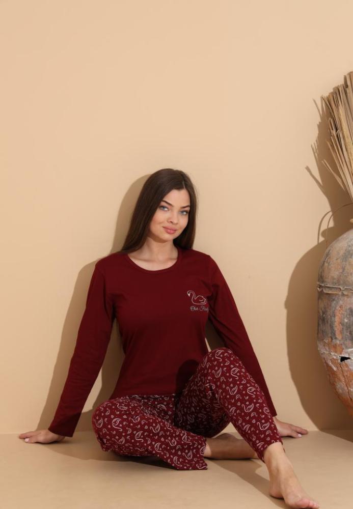 Pijama Dama „Our Family ,Pantaloni si Maneca Lunga,Culoare Visiniu,Engros